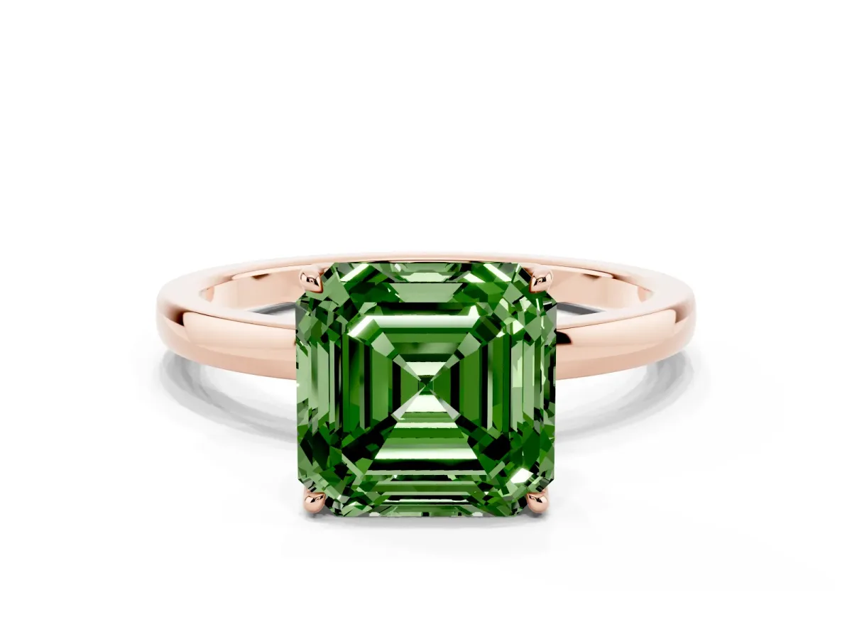 Fancy Green Asscher Cut Diamond Solitaire Ring with Thin Band and Prong Setting Rose gold