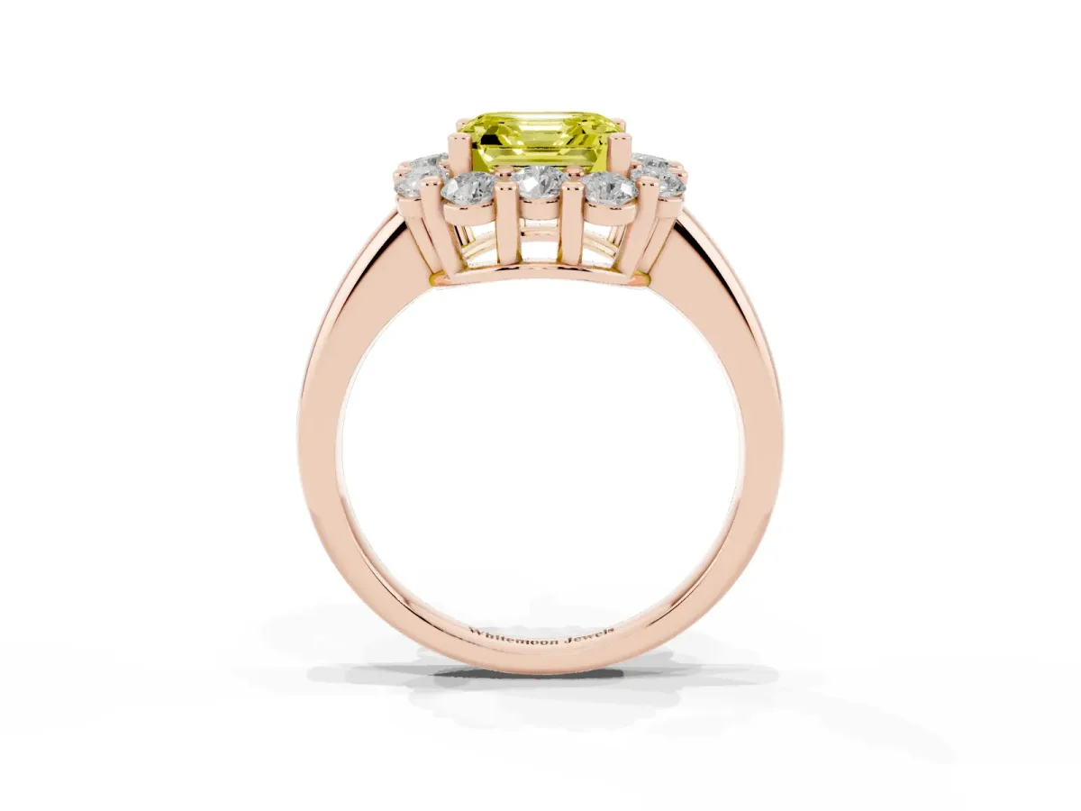 Fancy Yellow Asscher Cut Halo Cluster Diamond Engagement Ring with Prong Setting and Polished Band Rose gold