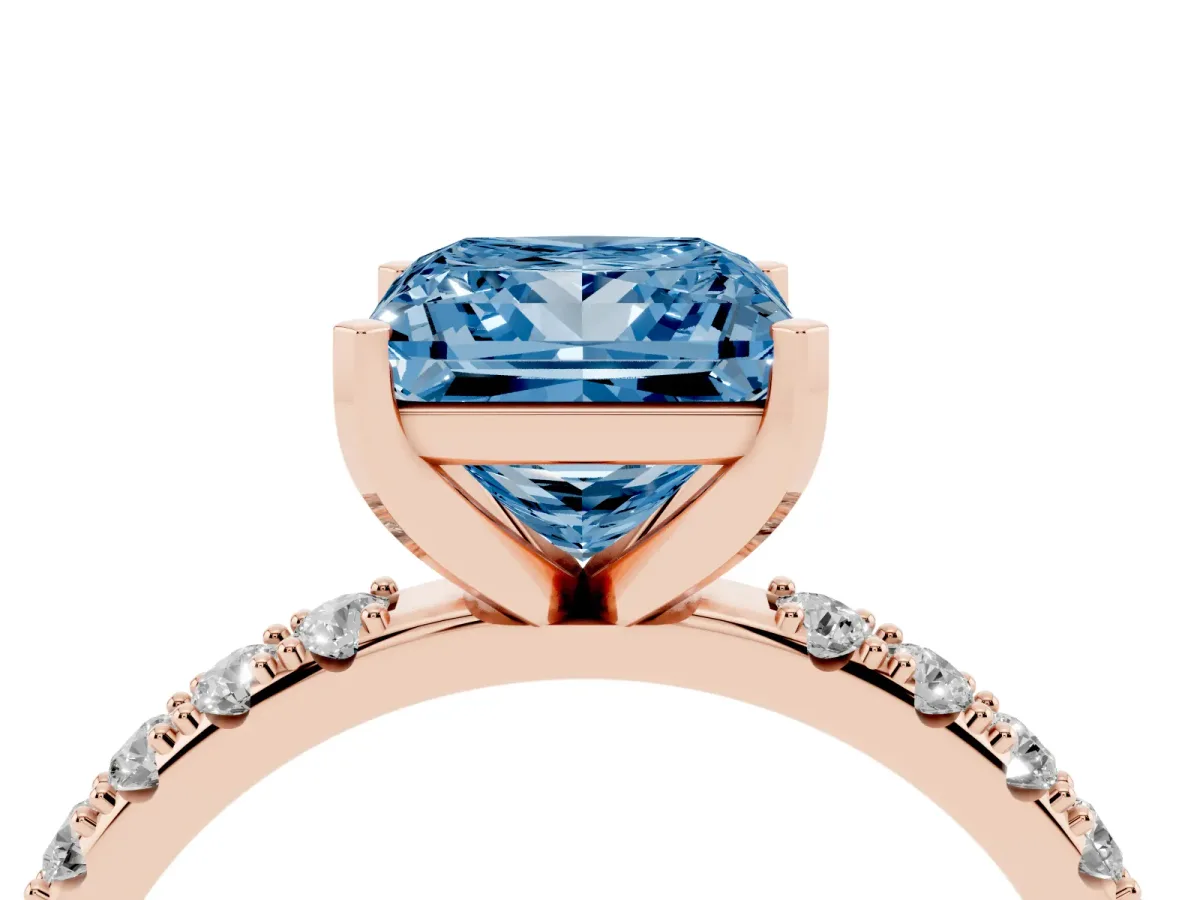 Fancy Blue Princess Cut Diamond Solitaire Pavé Band with Four-Prong Setting Rose gold
