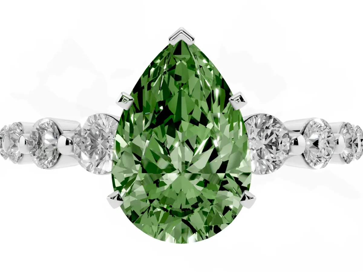 Fancy Green Pear Cut Solitaire Diamond Ring with Pave Band and Four-Prong Setting Silver