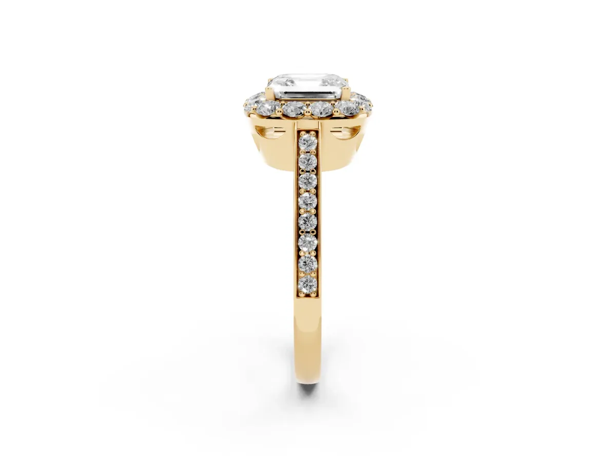 Asscher Cut Diamond Floral Halo Ring with Pavé Band and Prong Setting Yellow gold