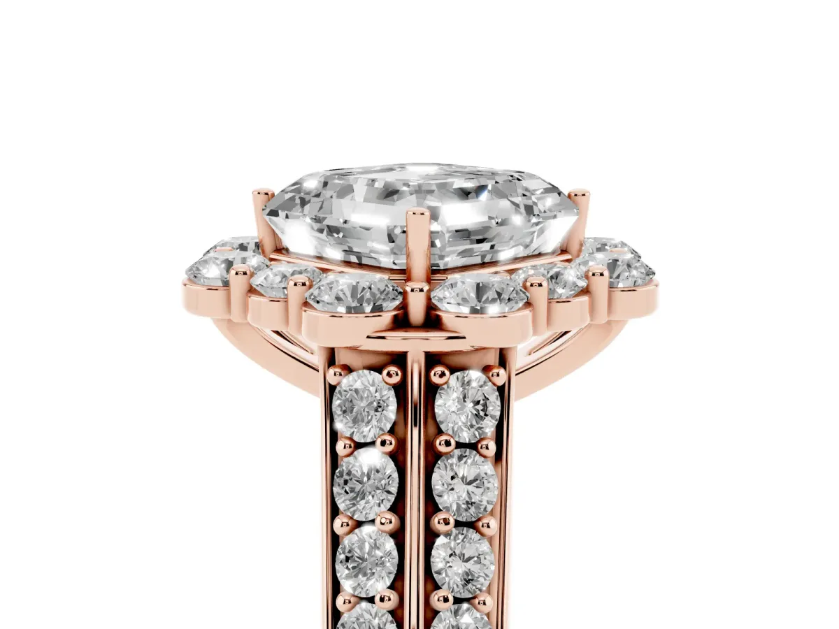 Asscher Cut Halo Diamond Engagement Ring with Split Shank and Prong Setting Rose gold