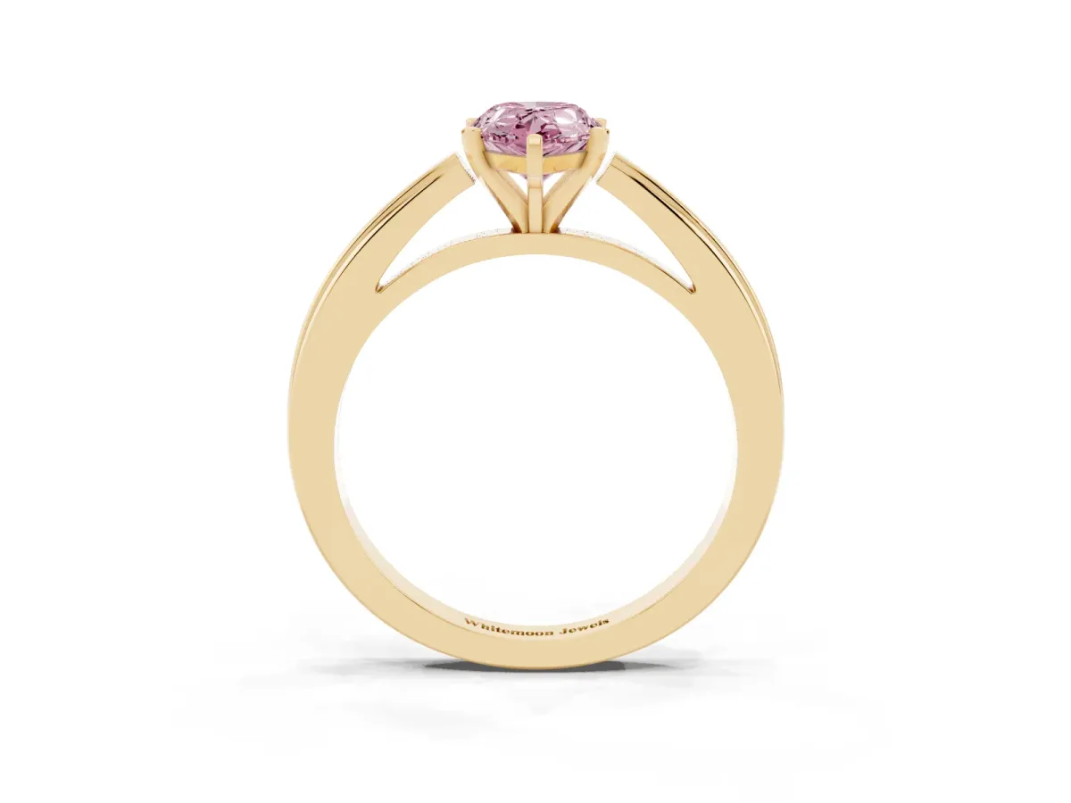 Fancy Pink Pear Cut Solitaire Diamond Ring with Four-Prong Setting and Classic Band Yellow gold