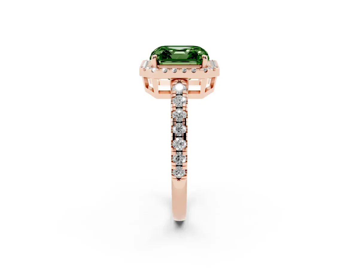 Fancy Green Asscher Cut Diamond Halo Ring with Pavé Band and Four-Prong Setting Rose gold