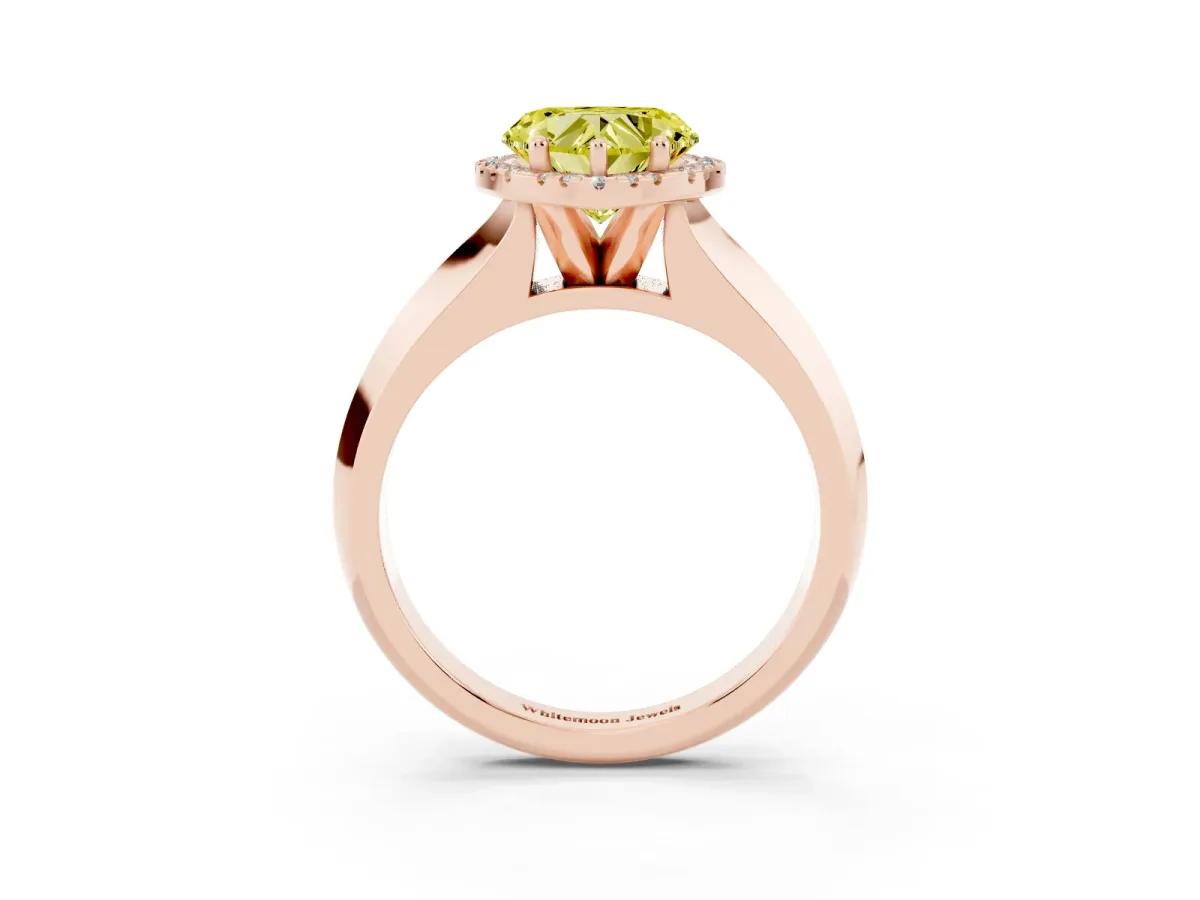 Fancy Yellow Heart Cut Halo Diamond Ring with Cathedral Band and Four-Prong Setting Rose gold