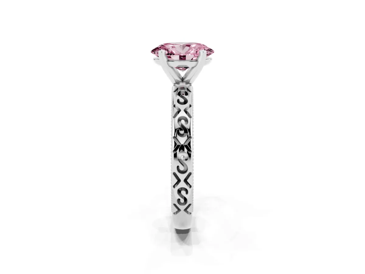 Fancy Pink Oval Cut Solitaire Engagement Ring with Scrollwork Band and Four-Prong Setting Silver