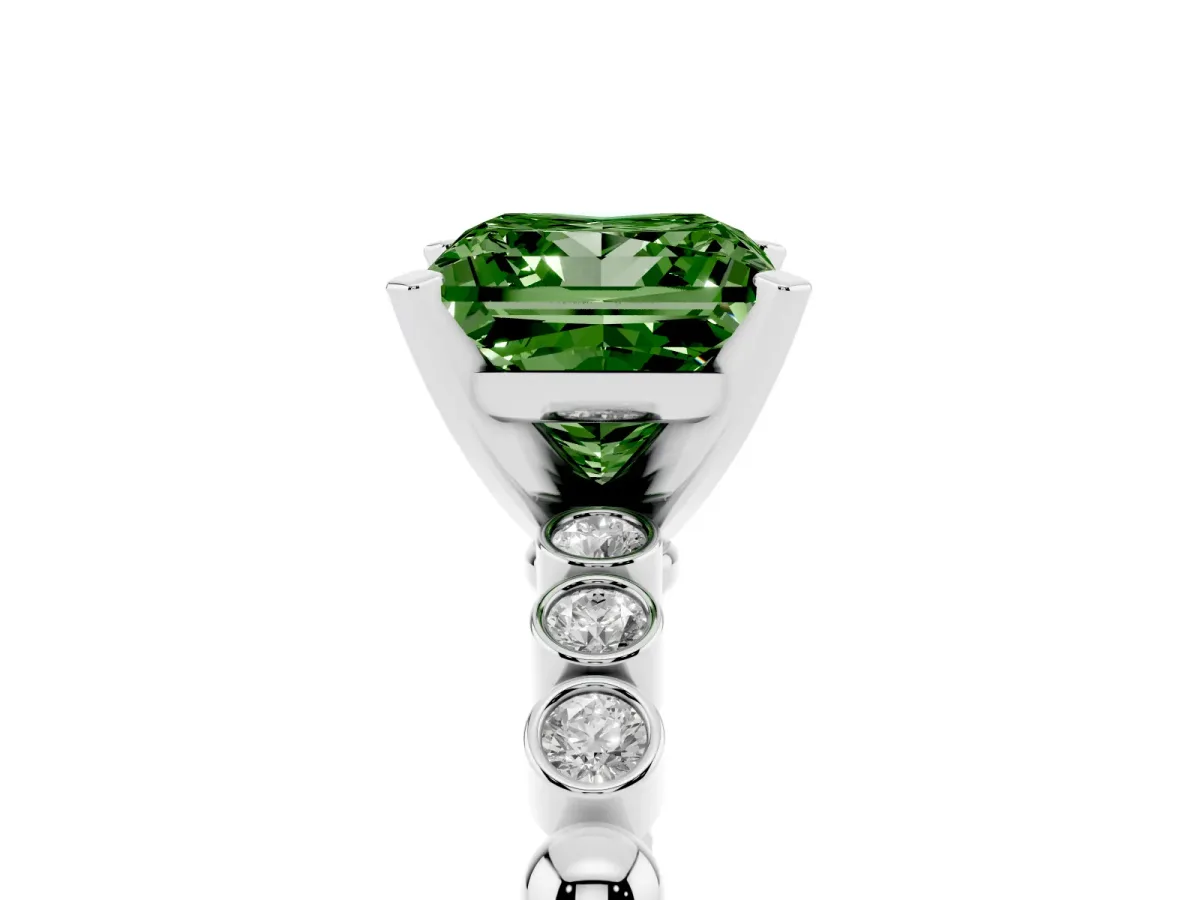 Fancy Green Princess Cut Solitaire Bezel Accent Diamond Engagement Ring with Beaded Band and Four-Prong Setting Platinum