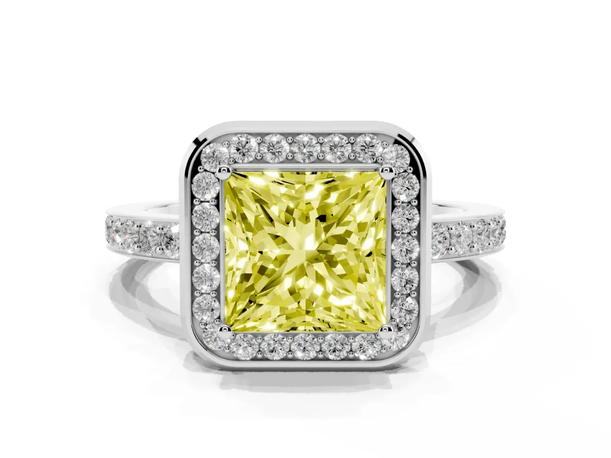 Fancy Yellow Princess Cut Diamond Halo Ring with Bezel Frame and Pavé Band Platinum