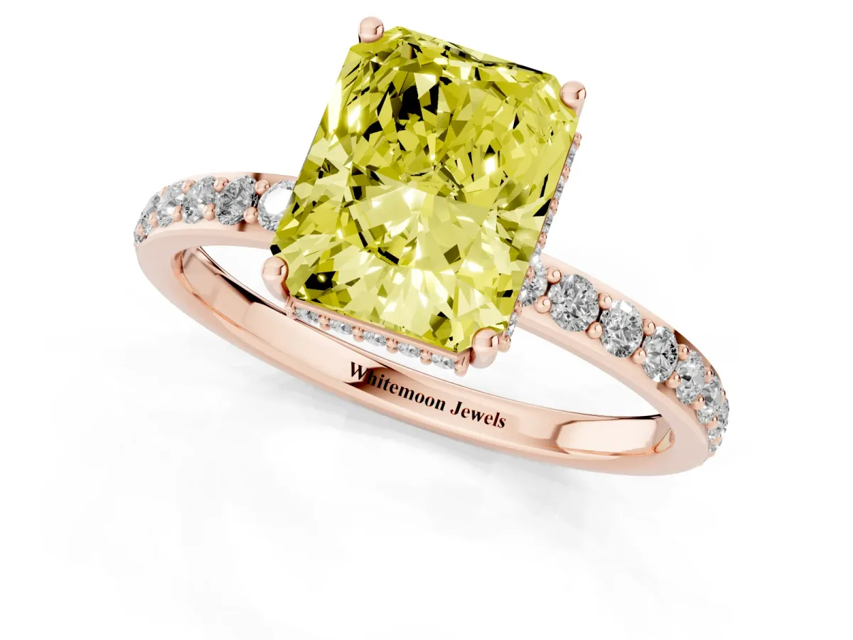 Fancy Yellow Radiant Cut Diamond Solitaire Ring with Pavé Band and Hidden Halo Rose gold