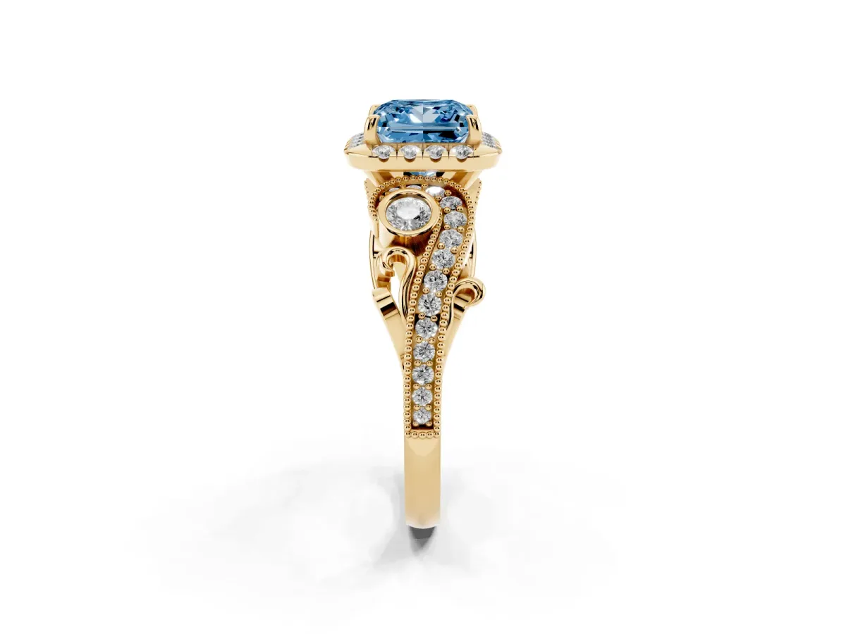 Fancy Blue Princess Cut Diamond Halo Ring with Milgrain Pavé Band and Four-Prong Setting Yellow gold