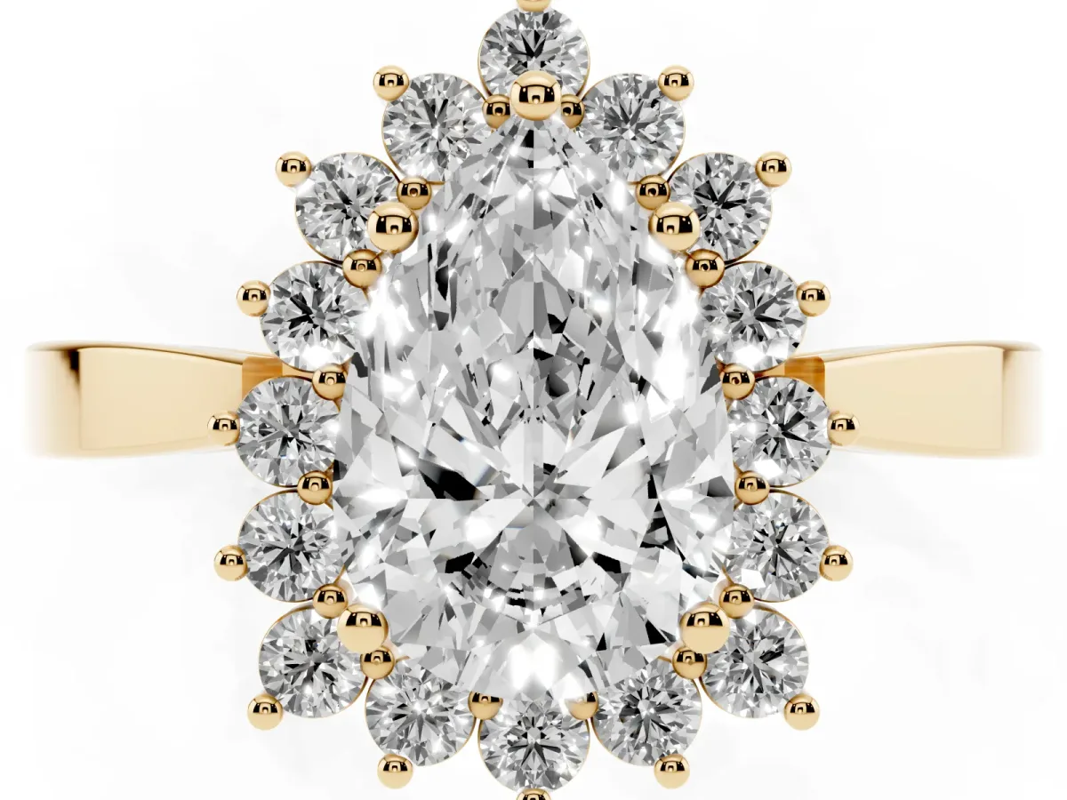 Pear Cut Cut Diamond Halo Ring with Round Brilliant Halo and Solitaire Band Yellow gold