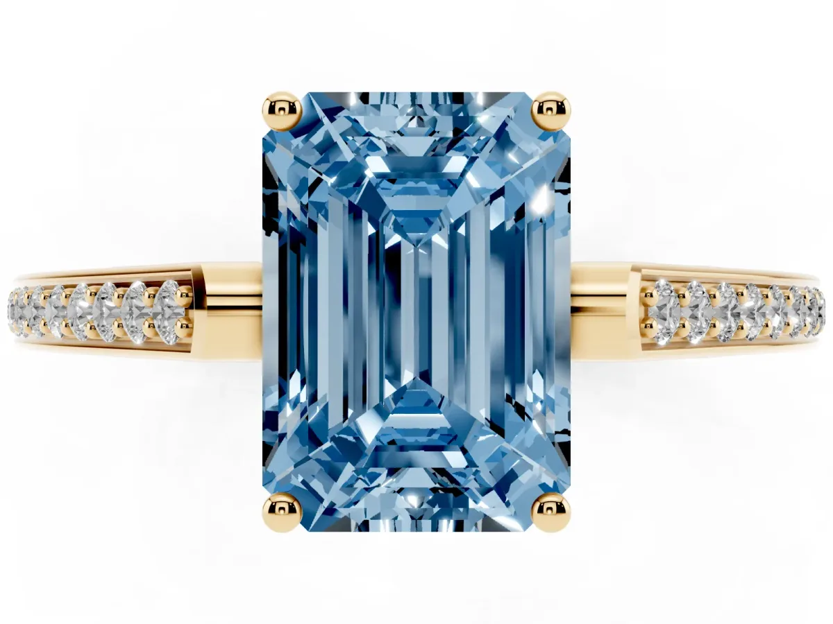 Fancy Blue Emerald Cut Cut Cathedral Pave Diamond Engagement Ring with Six-Prong Setting Yellow gold