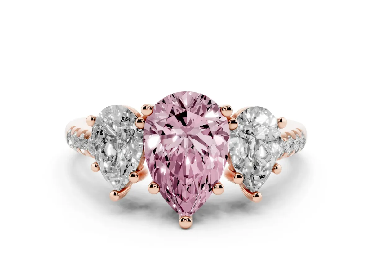 Fancy Pink Three-Stone Pear Cut Diamond Ring with Round Pavé Band and Prong Setting Rose gold