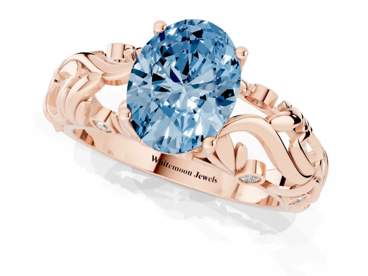 Fancy Blue Oval Cut Solitaire Diamond Leaf-Inspired Vine Band Ring with Prong Setting Rose gold