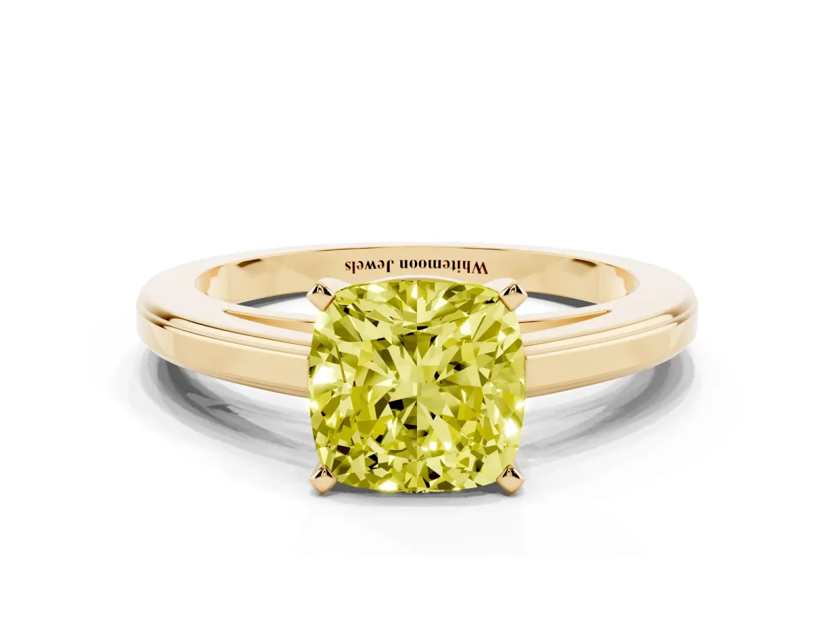 Fancy Yellow Cushion Cut Solitaire Diamond Ring with Four-Prong Setting and Classic Band Yellow gold
