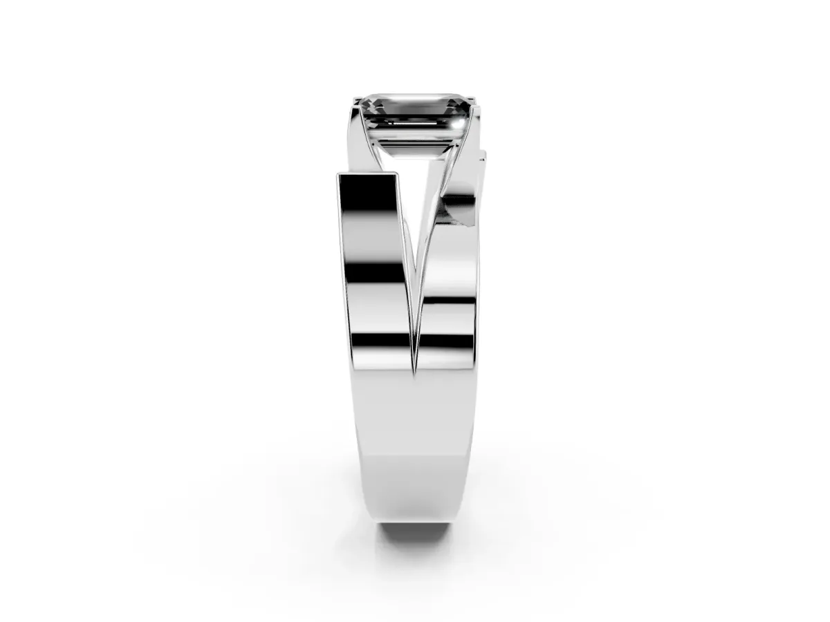 Fancy Black Modern Tension Set Emerald Cut Diamond Solitaire Wide Band Ring Silver