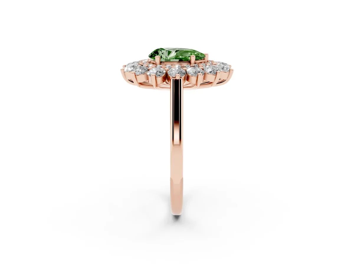 Fancy Green Pear Cut Diamond Floral Double Halo Engagement Ring with Prong Setting Rose gold
