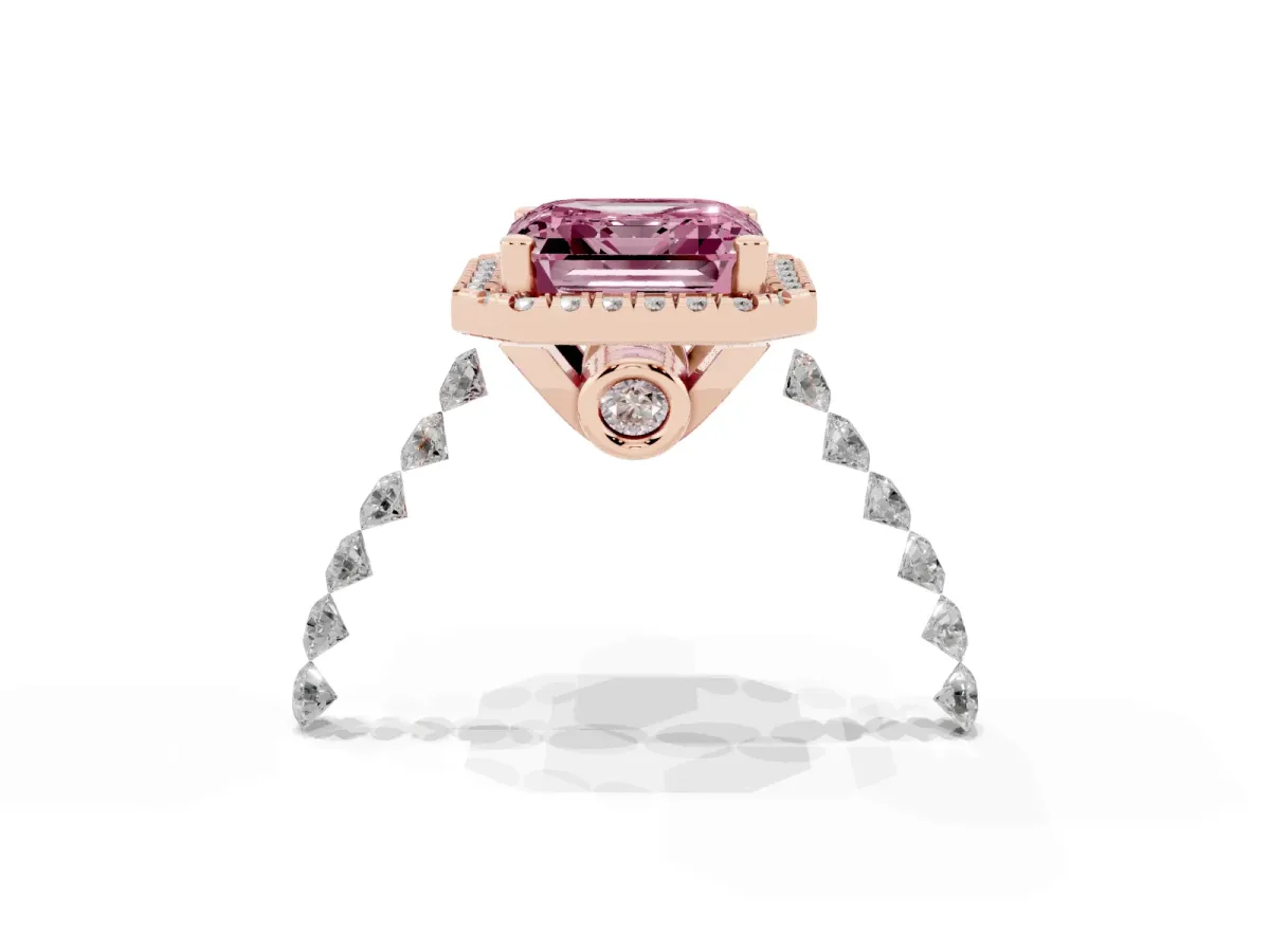 Fancy Pink Asscher Cut Halo Pavé Diamond Engagement Ring with Four-Prong Setting Rose gold
