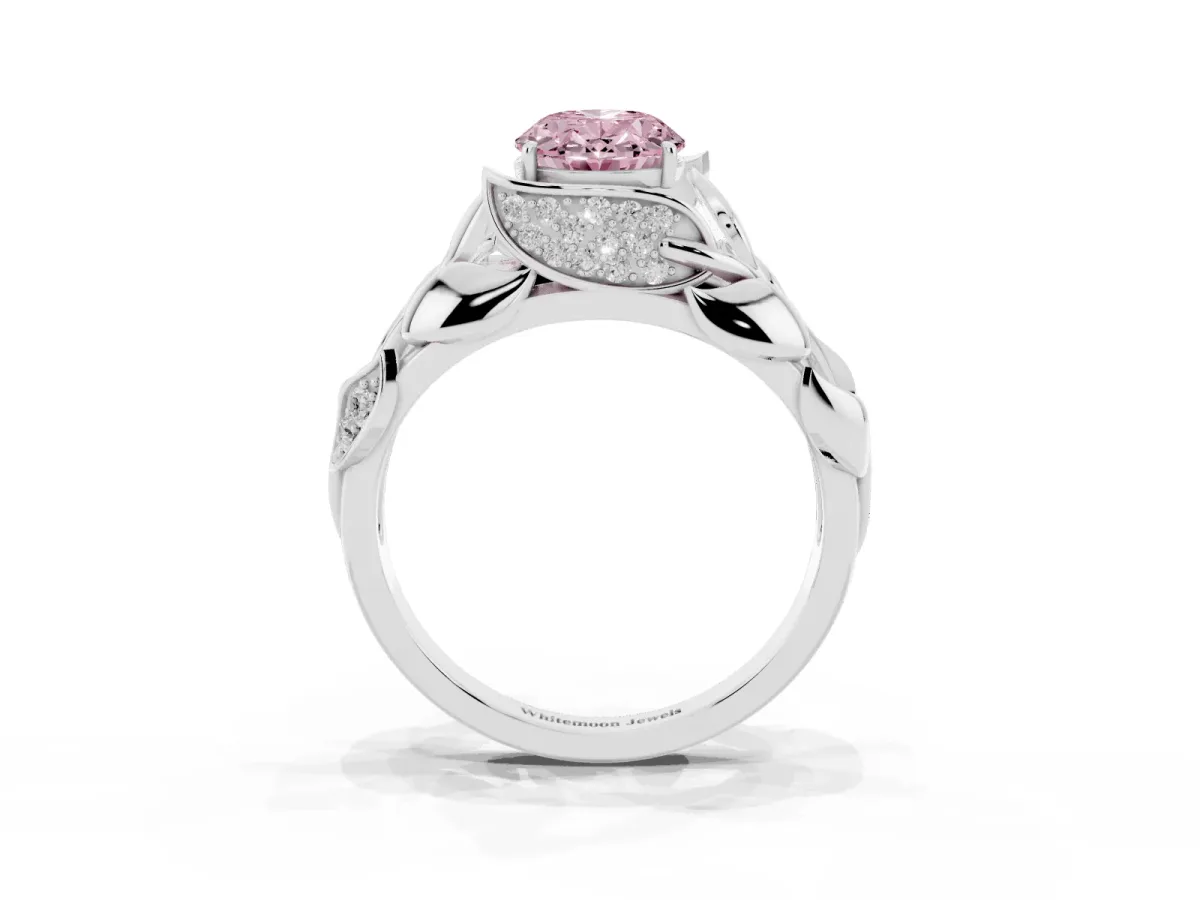 Fancy Pink Oval Cut Diamond Leaf-Inspired Engagement Ring with Round Accents and Prong Setting Silver