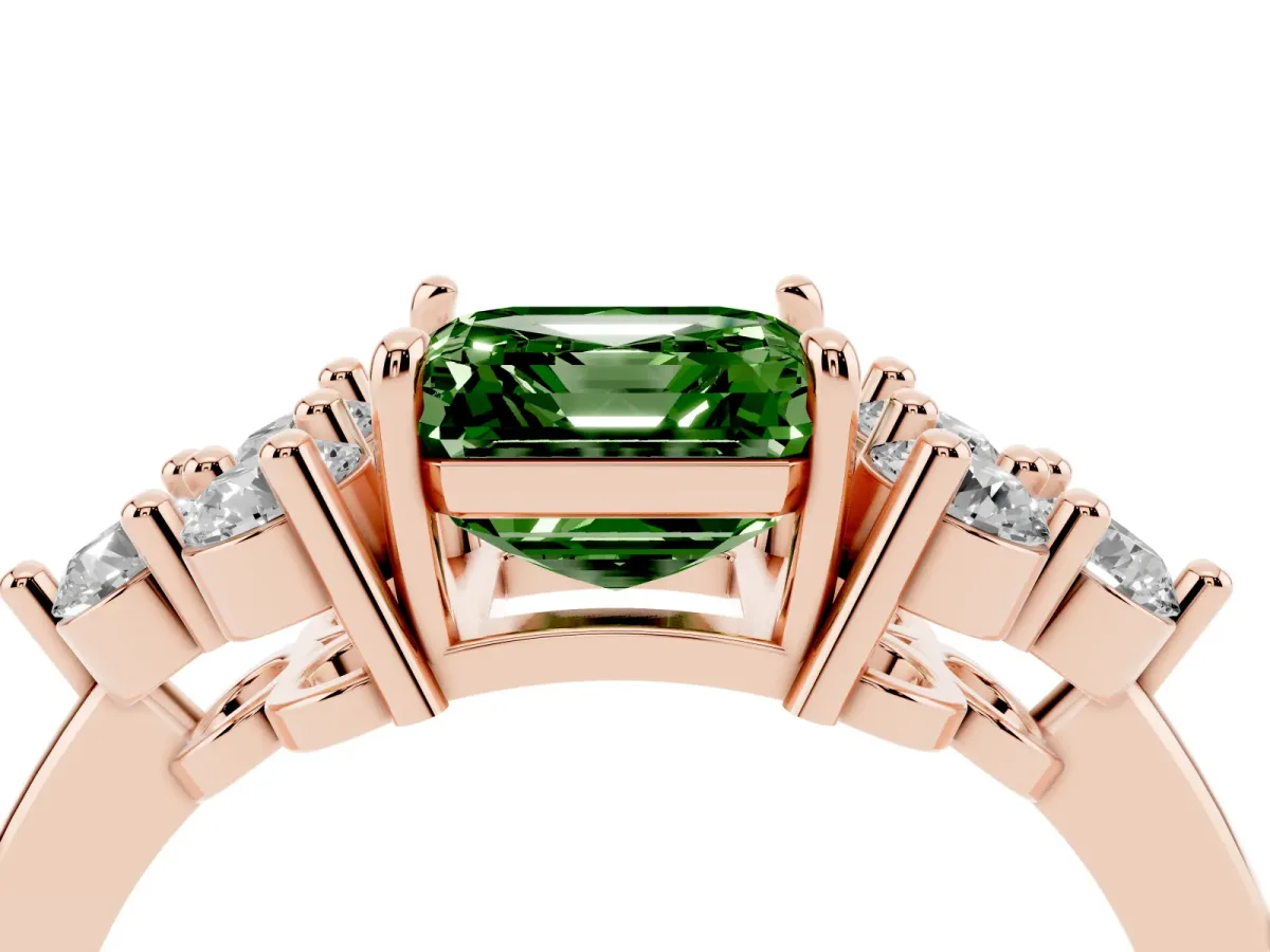 Fancy Green Asscher Cut Brilliant Diamond Cluster Accent Solitaire Ring with Prong Setting Rose gold