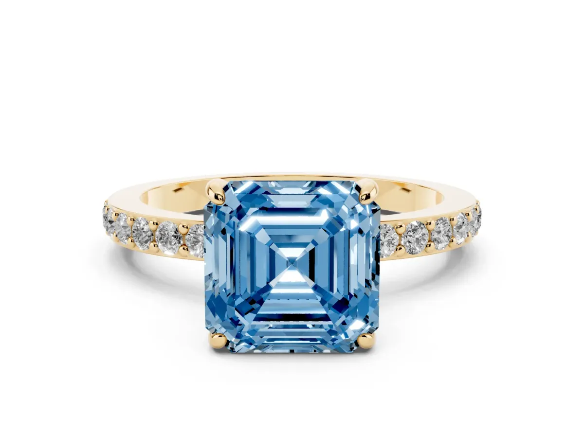 Fancy Blue Asscher Cut Diamond Pavé Engagement Ring with Round Accents and Prong Setting Yellow gold