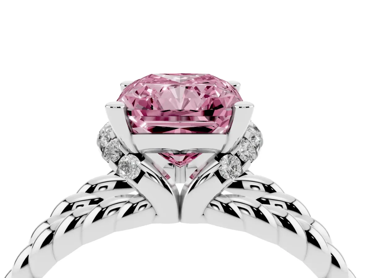 Fancy Pink Radiant Cut Halo Twisted Band Four-Prong Ring Silver