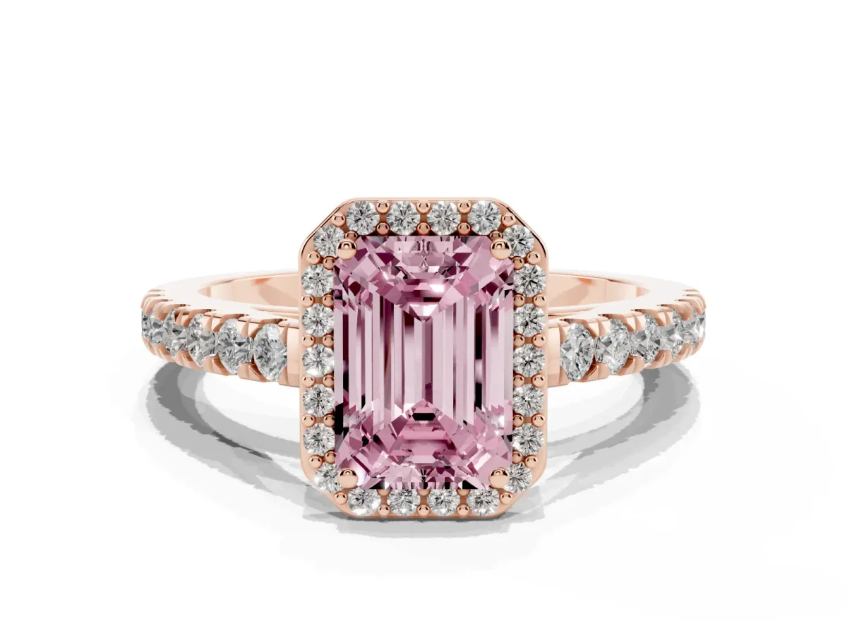 Fancy Pink Emerald Cut Cut Halo Diamond Engagement Ring with Pave Band and Four-Prong Setting Rose gold