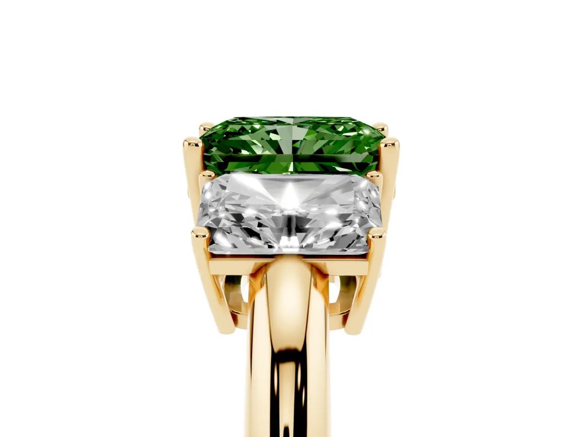 Fancy Green Three-Stone Radiant Cut Cut Diamond Engagement Ring with Prong Setting on a White Gold Band Yellow gold