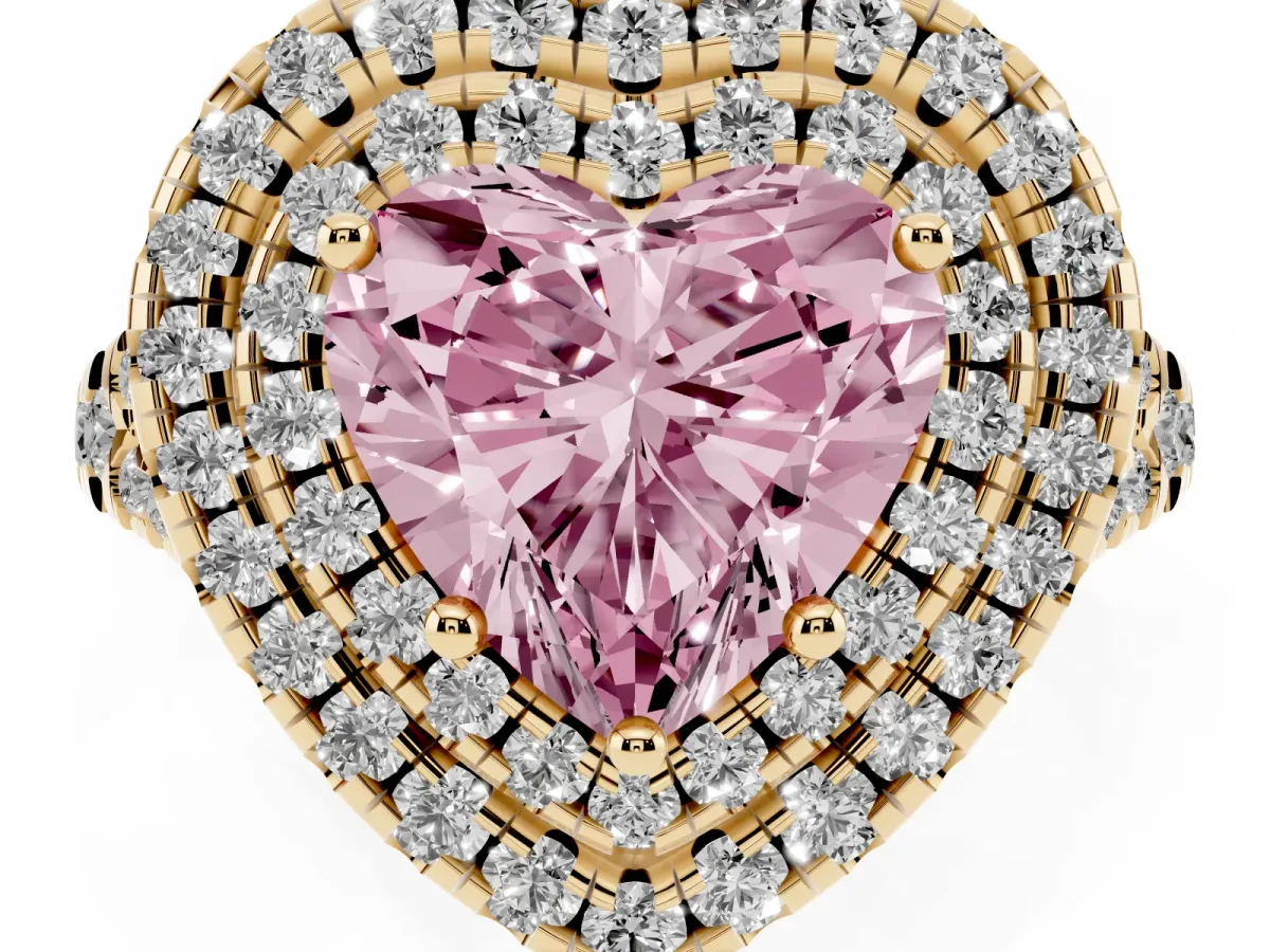 Fancy Pink Double Halo Heart Cut Diamond Pavé Split Shank Ring with Prong Setting Yellow gold