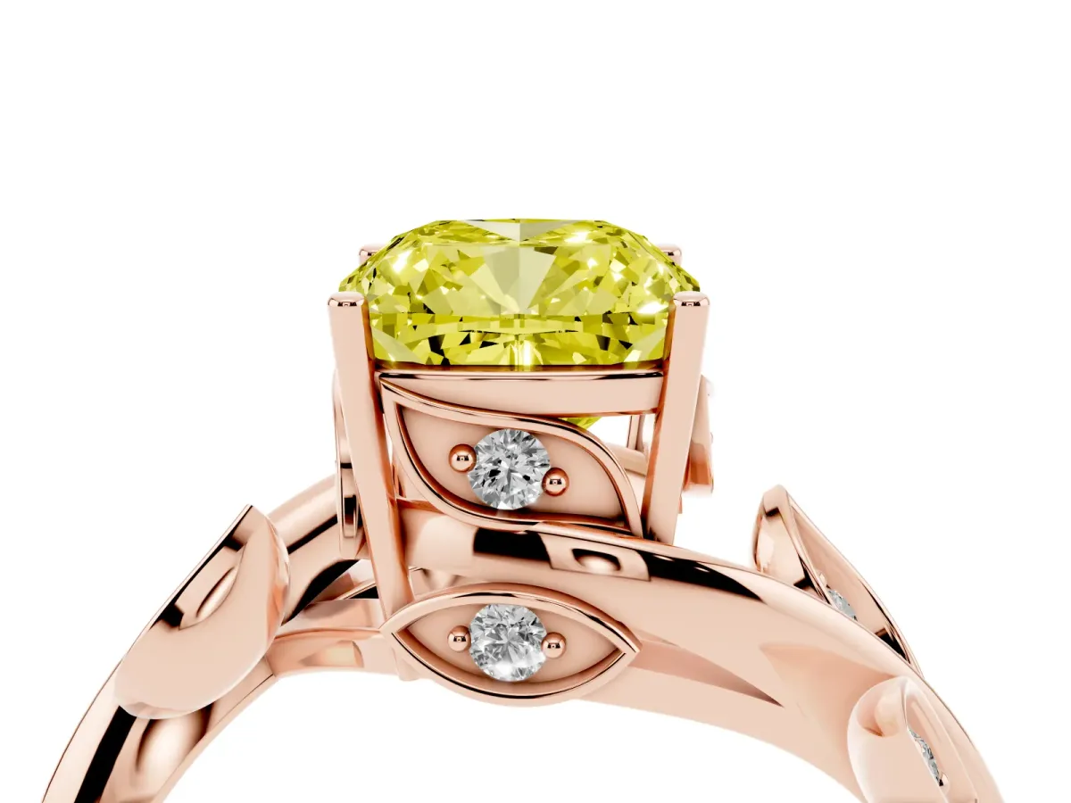 Fancy Yellow Cushion Cut Solitaire Twist Engagement Ring with Leaf Accents and Prong Setting Rose gold