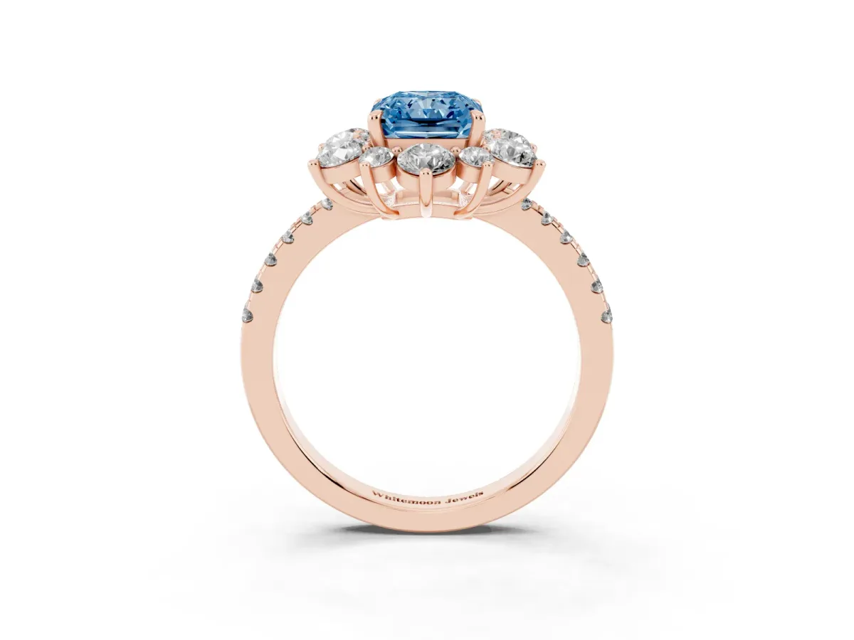 Fancy Blue Radiant Cut Diamond Floral Halo Ring with Round Pavé Band and Prong Setting Rose gold