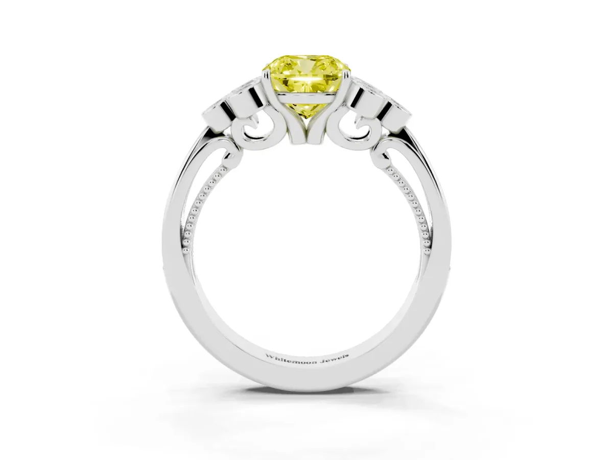 Fancy Yellow Cushion Cut Cut Diamond Engagement Ring with Bezel Set Round Side Stones and Prong Setting Platinum
