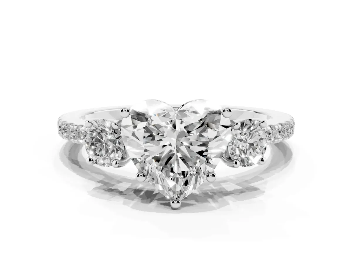 Three-Stone Heart Cut Cut Diamond Pavé Band with Prong Setting Platinum