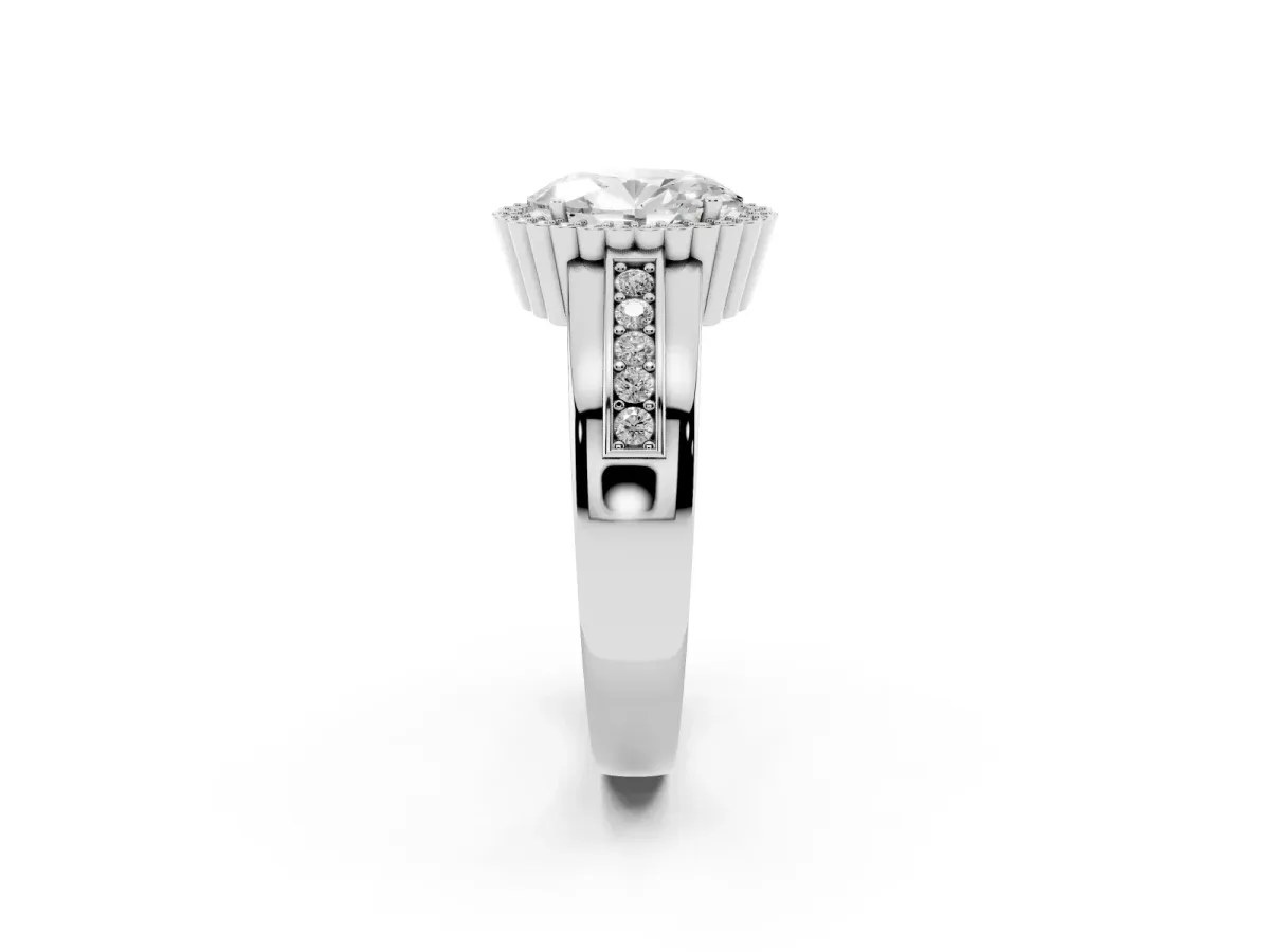 Oval Cut Cut Halo Pave Band Four-Prong Ring Silver