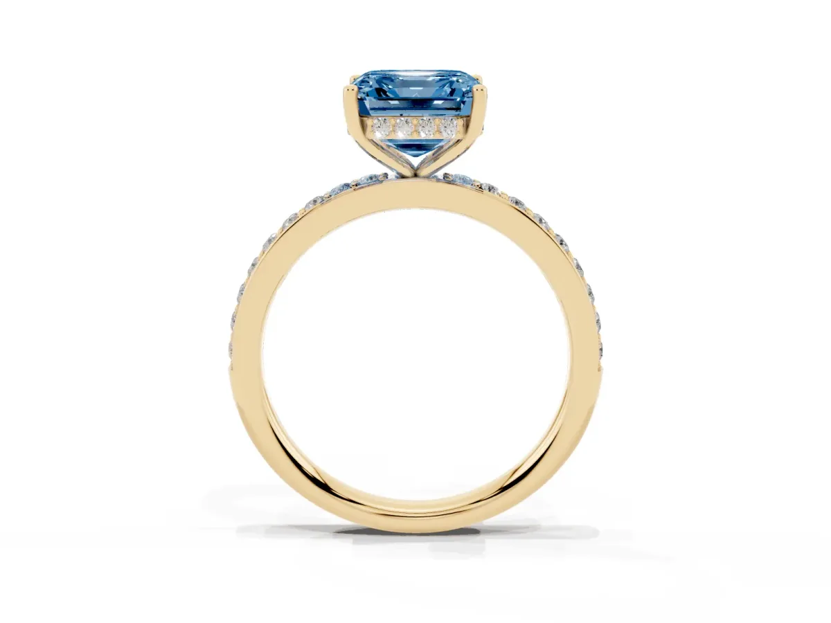 Fancy Blue Asscher Cut Cut Diamond Pavé Band Ring with Four-Prong Setting Yellow gold