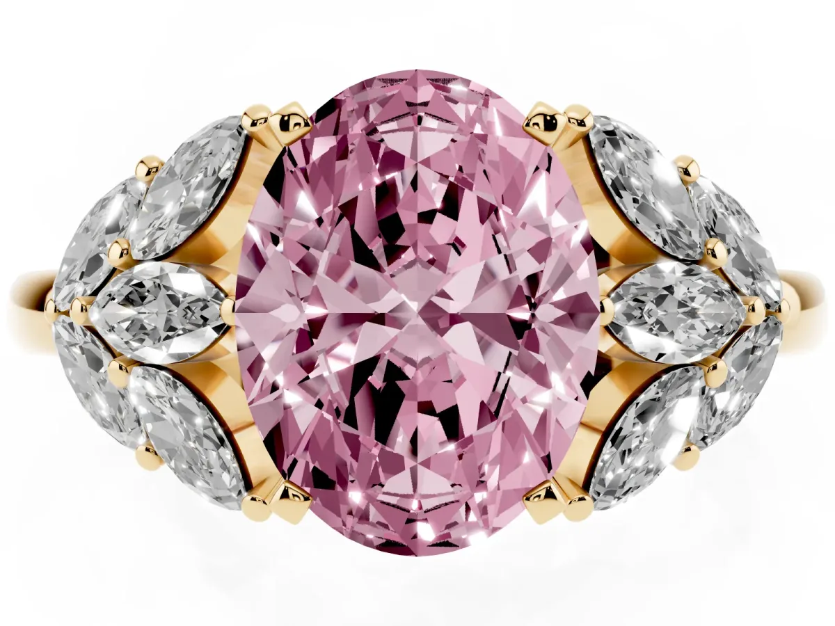 Fancy Pink Oval Cut Diamond Cluster Leaf Design Ring with Prong Setting Yellow gold