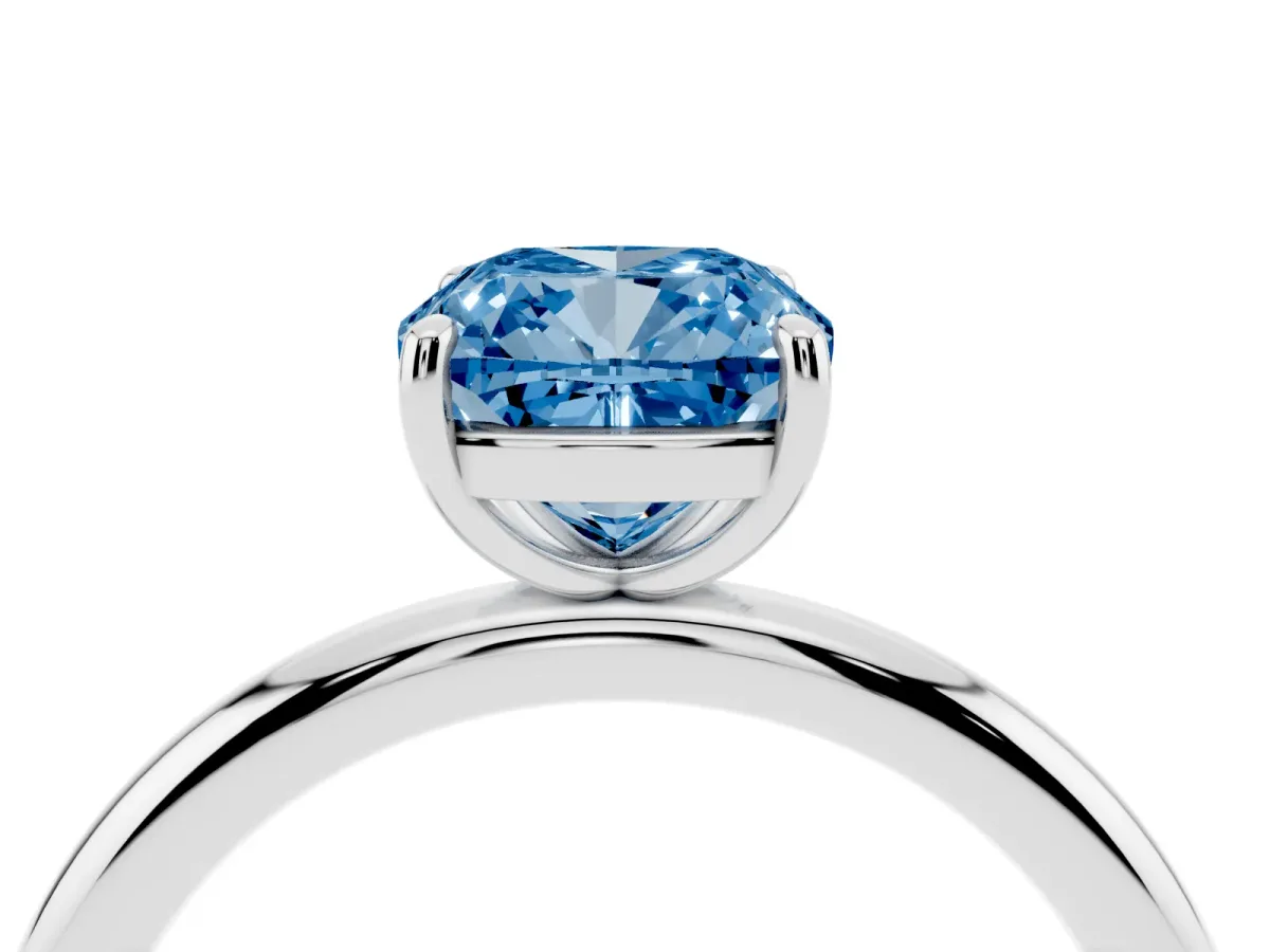 Fancy Blue Cushion Cut Solitaire Diamond Ring with Four-Prong Setting on a Plain Band White gold