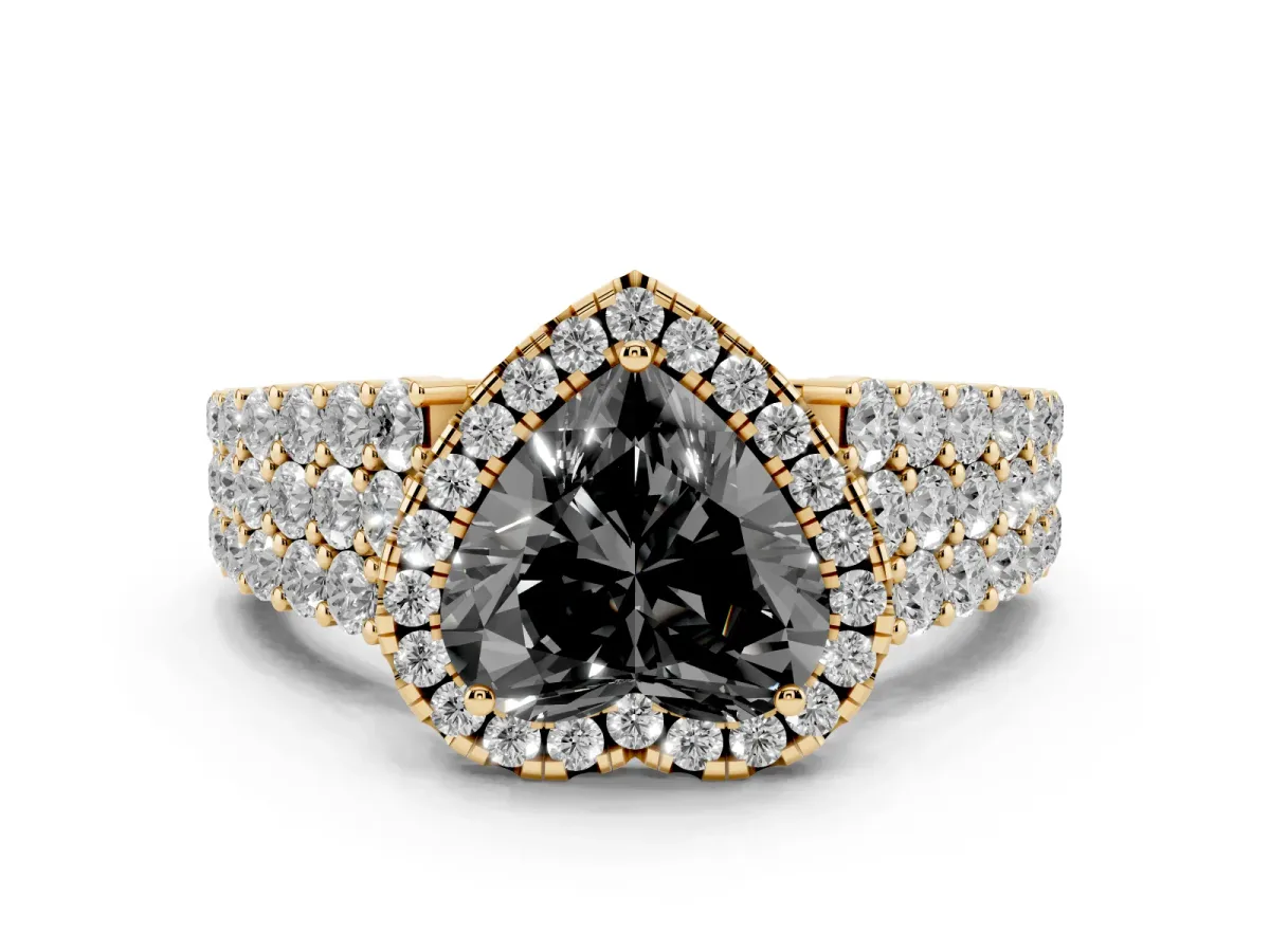 Fancy Black Heart Cut Diamond Halo Engagement Ring with Triple Row Round Pavé Band and Prong Setting Yellow gold