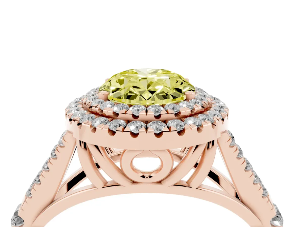 Fancy Yellow Oval Cut Cut Double Halo Split Shank Diamond Ring with Prong Setting Rose gold