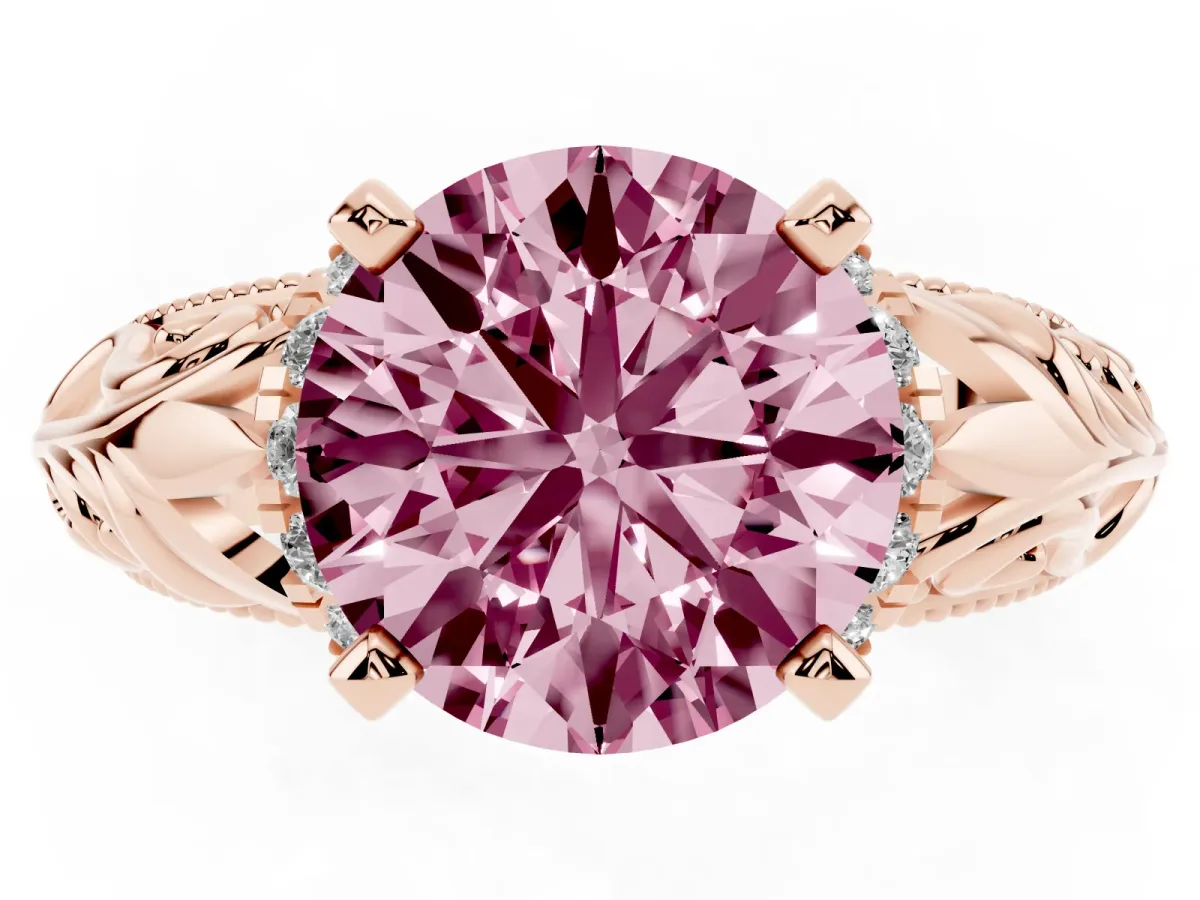 Fancy Pink Round Cut Solitaire Filigree Engagement Ring with Halo and Prong Setting Rose gold