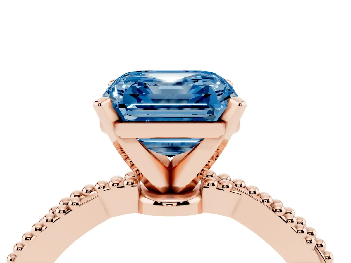 Fancy Blue Asscher Cut Solitaire Twisted Band with Bead Prong Setting Rose gold
