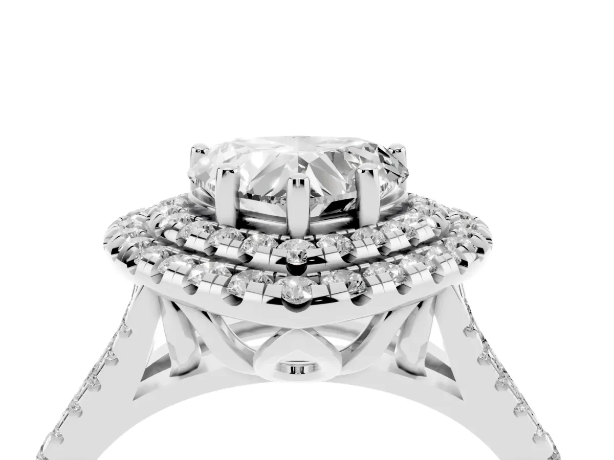Double Halo Heart Cut Diamond Pavé Split Shank Ring with Prong Setting Silver