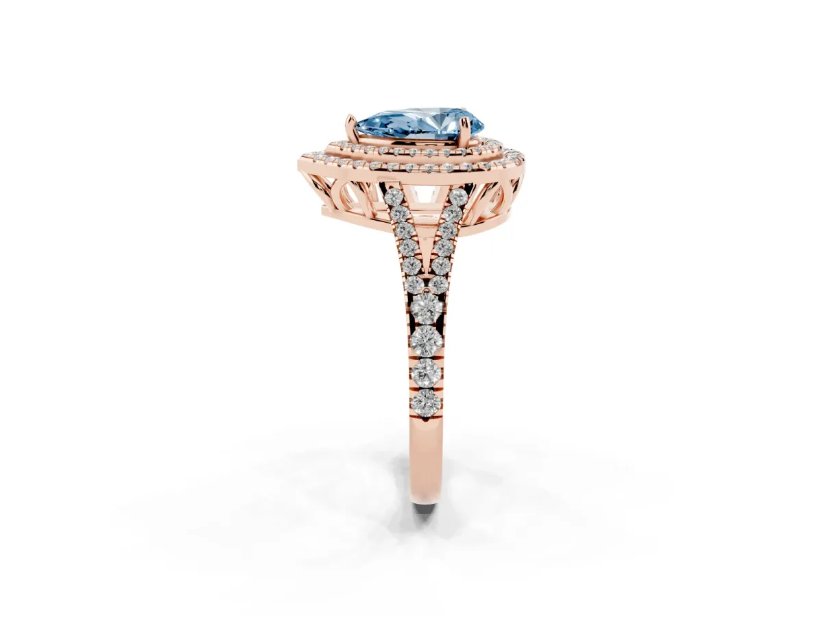 Fancy Blue Pear Cut Diamond Double Halo Ring with Pavé Band and Prong Setting Rose gold