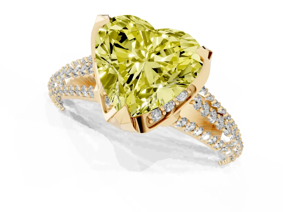 Fancy Yellow Heart Cut Solitaire Pave Split Shank Ring with Four-Prong Setting Yellow gold
