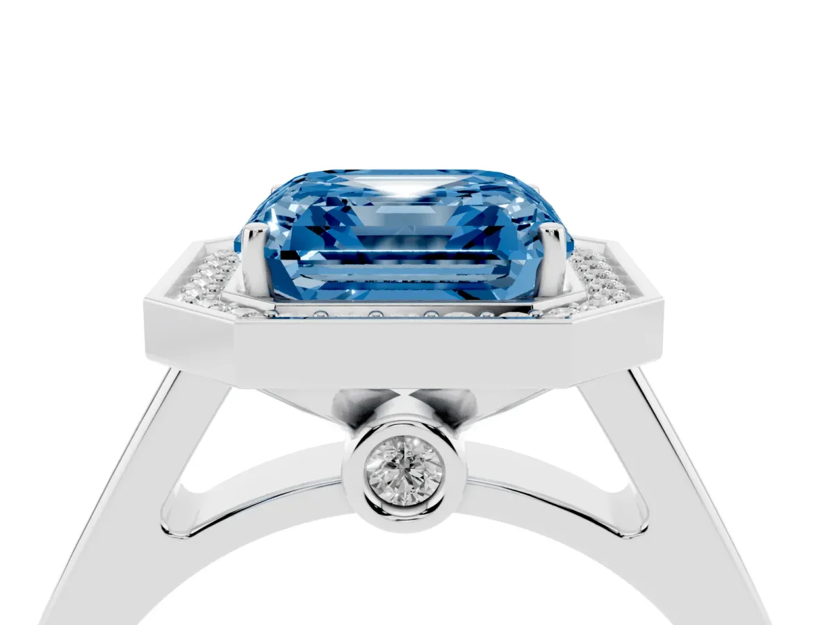 Fancy Blue Asscher Cut Halo Solitaire Diamond Ring with Pave Band and Bezel Setting Silver