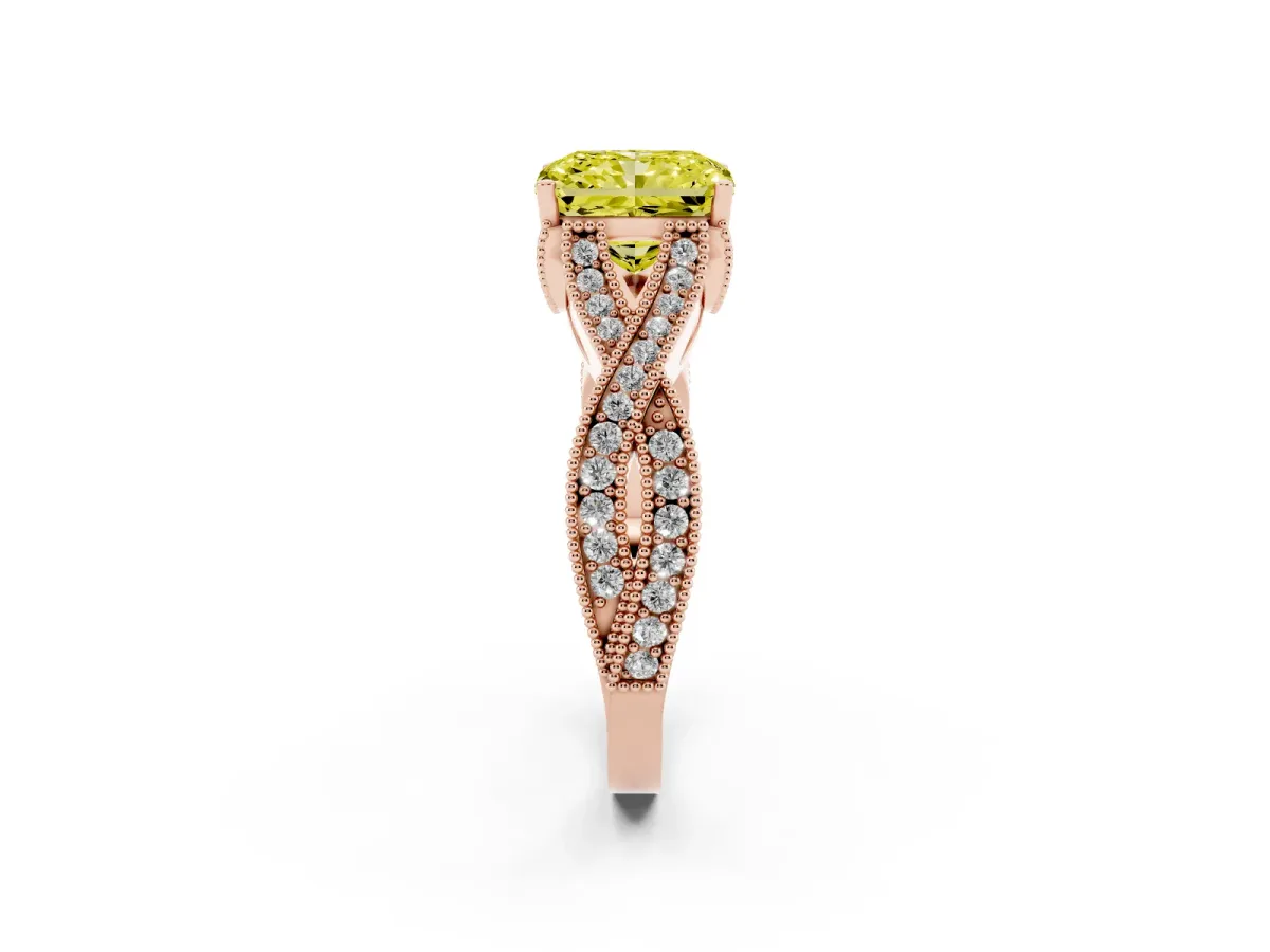 Fancy Yellow Radiant Cut Cut Diamond Twisted Band with Milgrain Pave Setting and Four-Prong Setting Rose gold