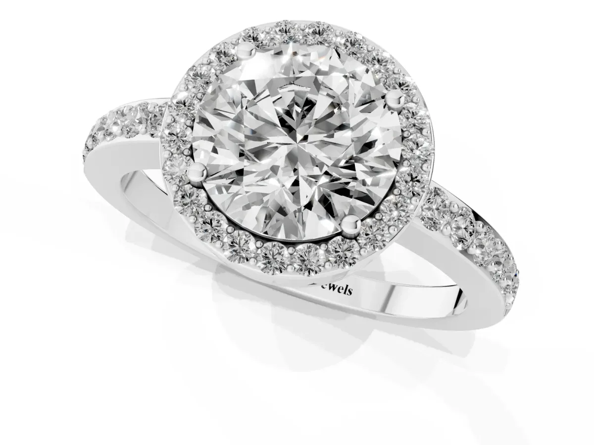 Round Cut Halo Diamond Pavé Band Ring with Prong Setting Platinum