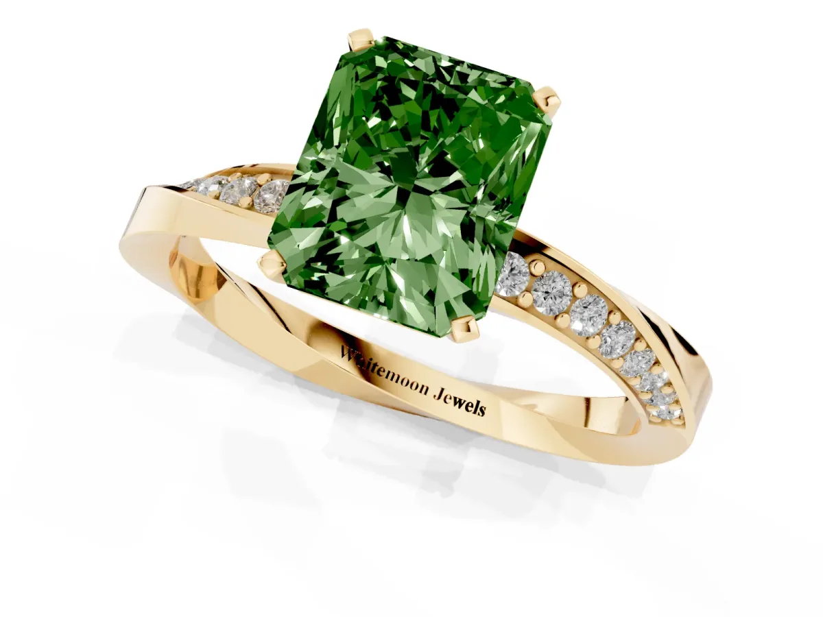 Fancy Green Radiant Cut Diamond Engagement Ring with Side Stone Accents and Four-Prong Setting Yellow gold