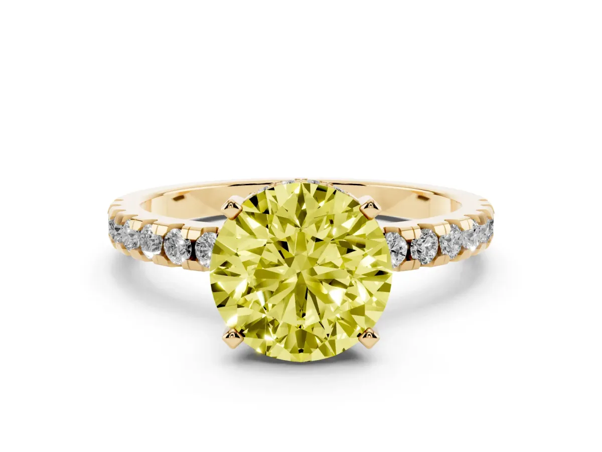 Fancy Yellow Round Cut Diamond Solitaire Ring with Round Pavé Band and Four-Prong Setting Yellow gold