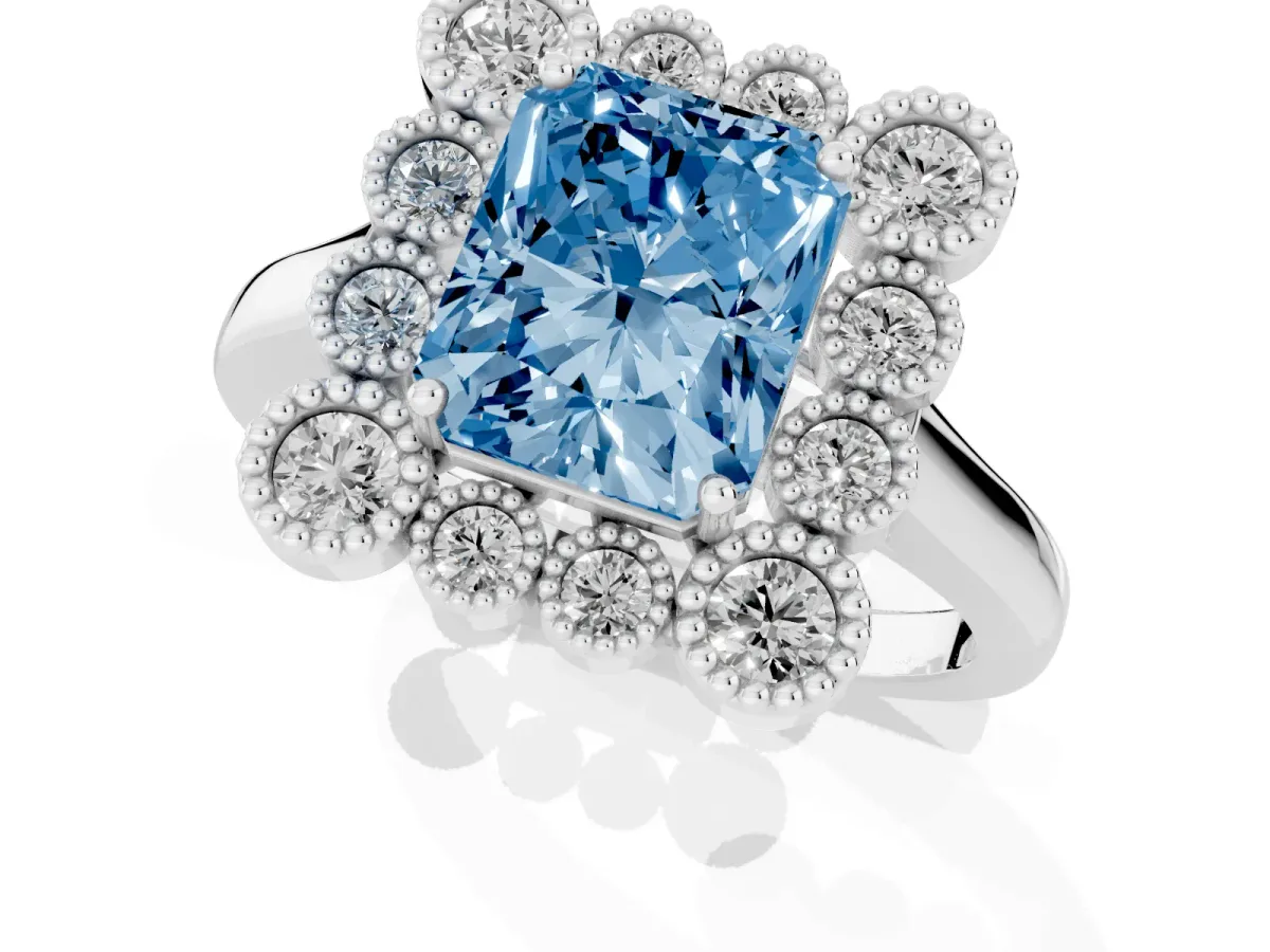 Fancy Blue Radiant Cut Halo Diamond Cluster Engagement Ring with Milgrain Bezel Setting and Solitaire Band Silver